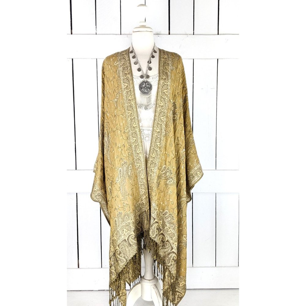 Gold beige paisley pashmina kimono cover up cardigan jacket - Picture 2 of 5